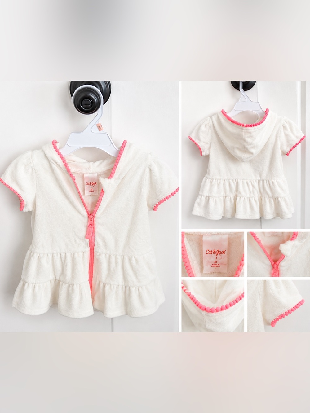 Cat & Jack Cream Terry Hoodie with Pink Pom Trim - Picture 3 of 3